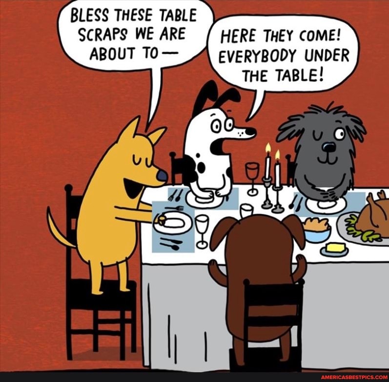 BLESS THESE TABLE SCRAPS WE ARE ABOUT TO-
HERE THEY COME!
EVERYBODY UNDER THE TABLE!