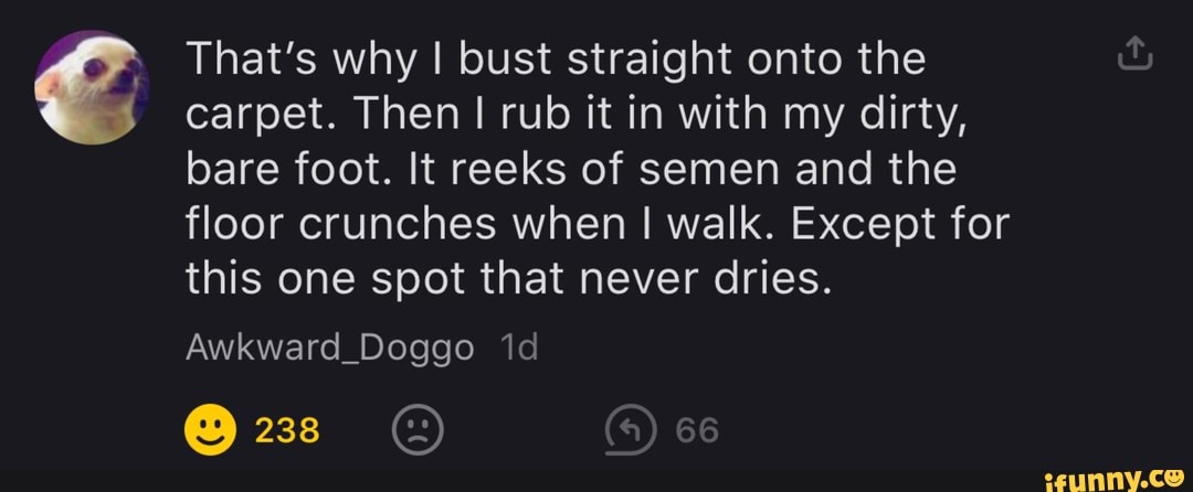 That's why I bust straight onto the
carpet. Then I rub it in with my dirty, bare foot. It reeks of semen and the floor crunches when I walk. Except for this one spot that never dries.
Awkward_Doggo
238 66