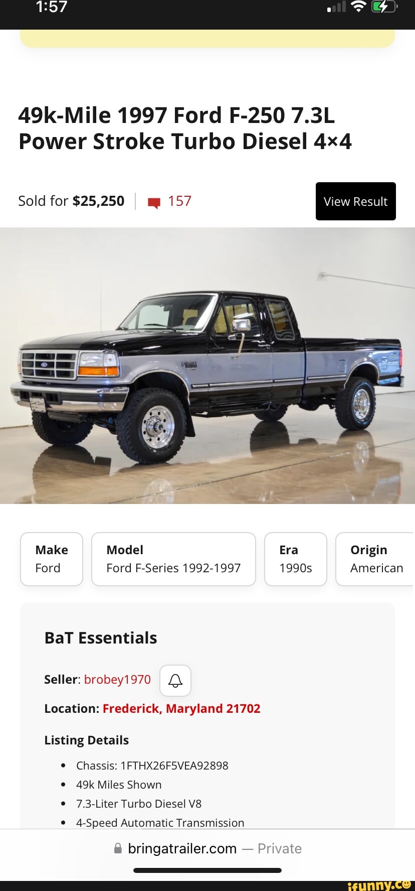 1997 Powerstroke 49k-Mile 1997 Ford F-250 7.3L Power Stroke Turbo Diesel Sold for $25,25 ...