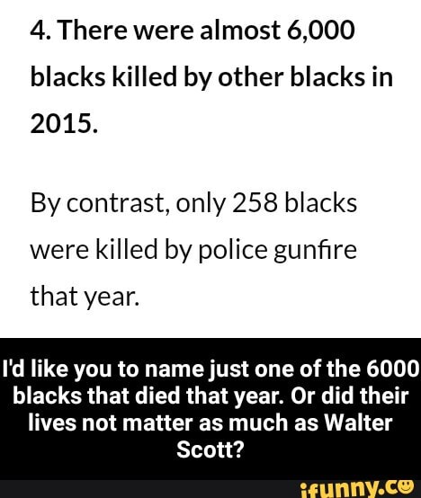 4. There were almost 6,000
blacks killed by other blacks in
2015.
By contrast, only 258 blacks
were killed by police gunfire
that year.
I'd like you to name just one of the 6000
blacks that died that year. Or did their
lives not matter as much as Walter
Scott? - I'd like you to name just one of the 6000 blacks that died that year. Or did their lives not matter as much as Walter Scott?