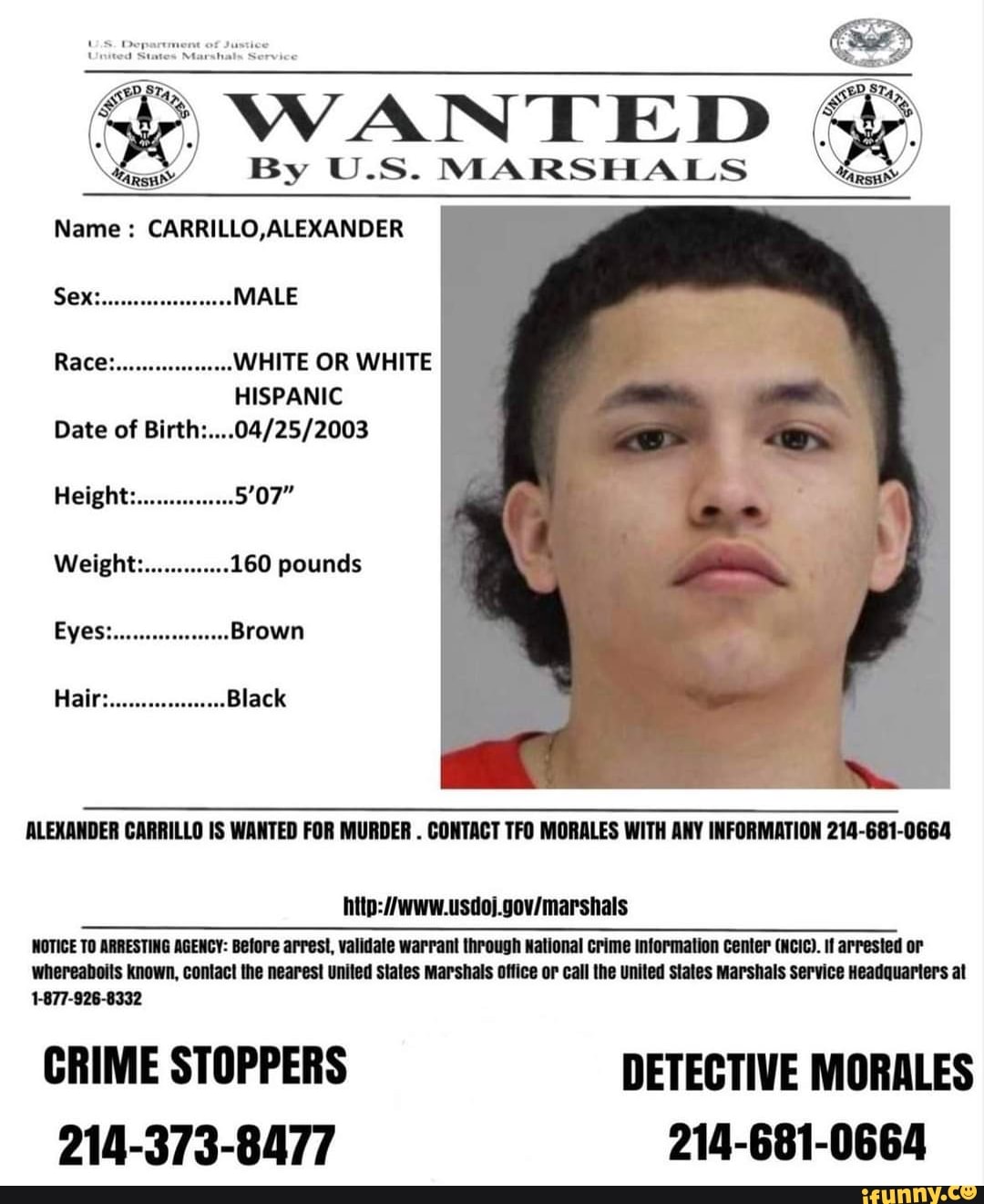 Wanted By U.s. Marshals Name : Carrillo,alexander Sox Male Race? White 