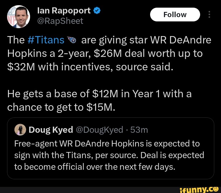 DeAndre Hopkins expected to sign 2-year deal with Titans