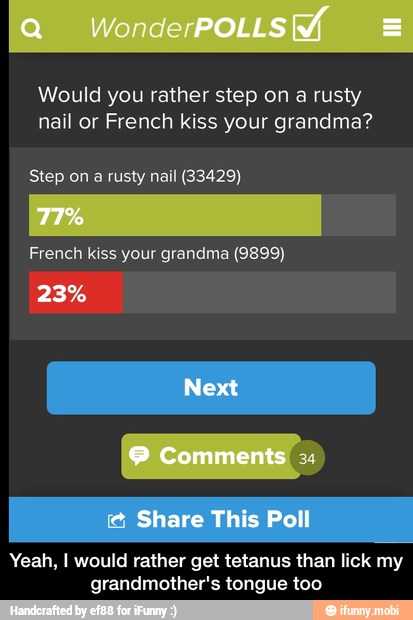 Would you rather step on a rusty
nail or French kiss your grandma?
Step on a rusty nail (33429)
French kiss your grandma (9899)
Yeah, I would rather get tetanus than lick my
grandmother's tongue too - Yeah, I would rather get tetanus than lick my grandmother's tongue too