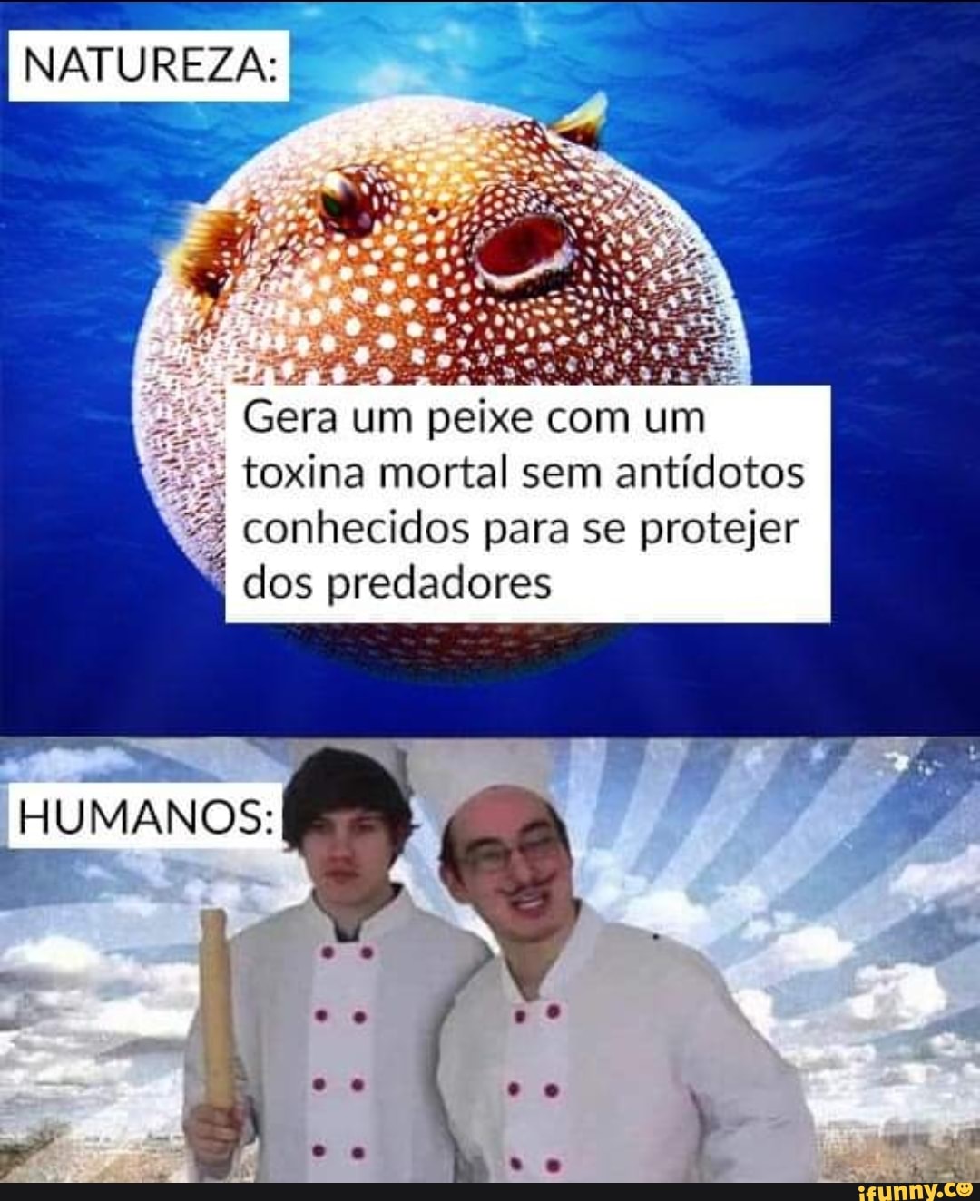 NATUREZA:
Gera um peixe com um toxina mortal sem antídotos conhecidos para se protejer dos predadores
HUMANOS: