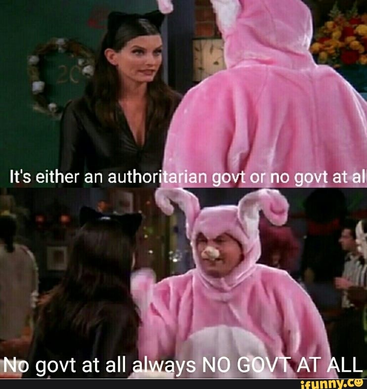 It's either an authoritarian govt or ne govt at al
No govt at all always NO GOVT AT ALL