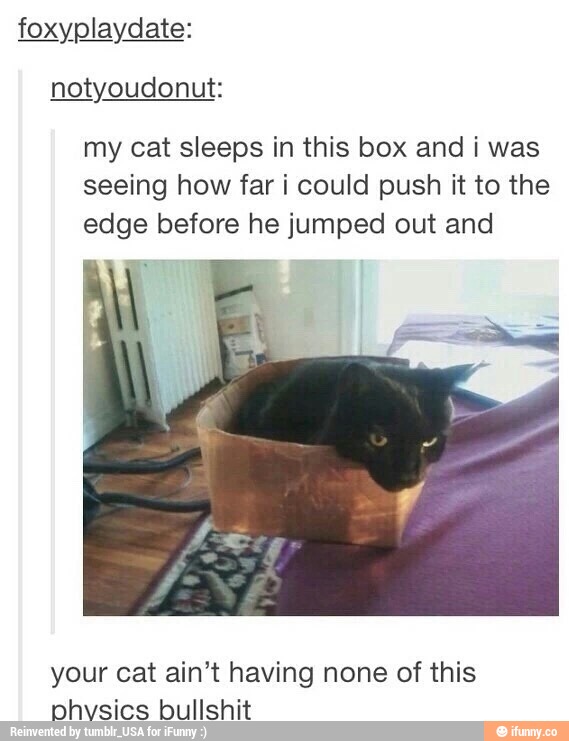 my cat sleeps in this box and i was
seeing how far i could push it to the
edge before he jumped out and
your cat ain‘t having none of this
thsics bullshit