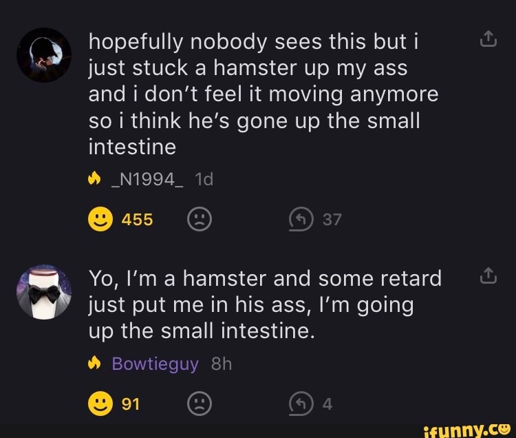 hopefully nobody sees this but i just stuck a hamster up my ass and don't feel it moving anymore so i think he's gone up the small intestine
id
@45
37
Yo, I'm a hamster and some retard just put me in his ass, I'm going up the small intestine.
Bowtieguy