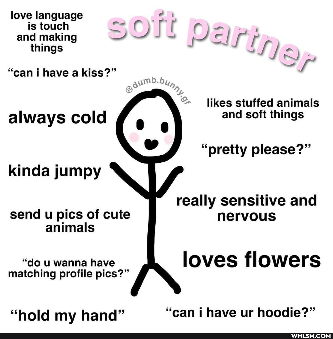 love language
is touch L@)
things
"can i have a kiss?"
likes stuffed animals
always cold and soft things
"pretty please?" kinda jumpy
really sensitive and send u pics of cute nervous
animals
loves flowers
"do u wanna have matching profile pics?"
"hold my hand" "can i have ur hoodie?"