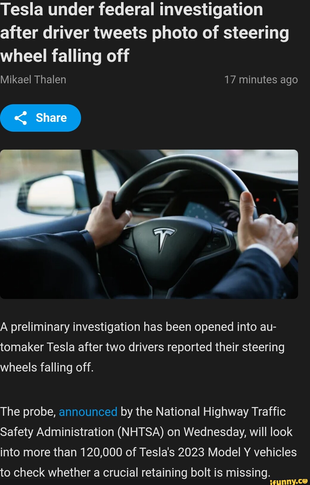Tesla under federal investigation after driver tweets photo of steering