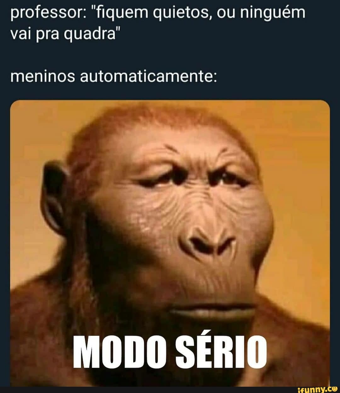 professor: fiquem quietos, ou ninguém vai pra quadra"
meninos automaticamente:
MODO SÉRIO