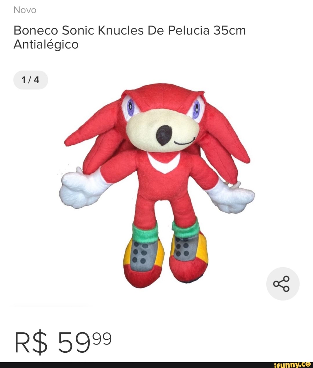 Novo
Boneco Sonic Knucles De Pelucia 35cm
Antialégico
R$