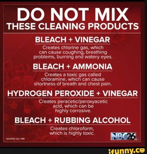 DO NOT MIX THESE CLEANING PRODUCTS BLEACH + VINEGAR Creates chlorine
