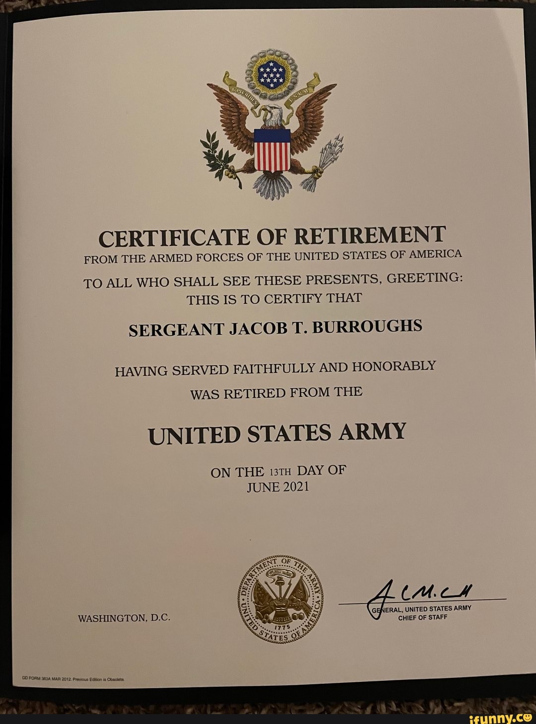 Certificate Of Retirement From The Armed Forces Of The United States Of 