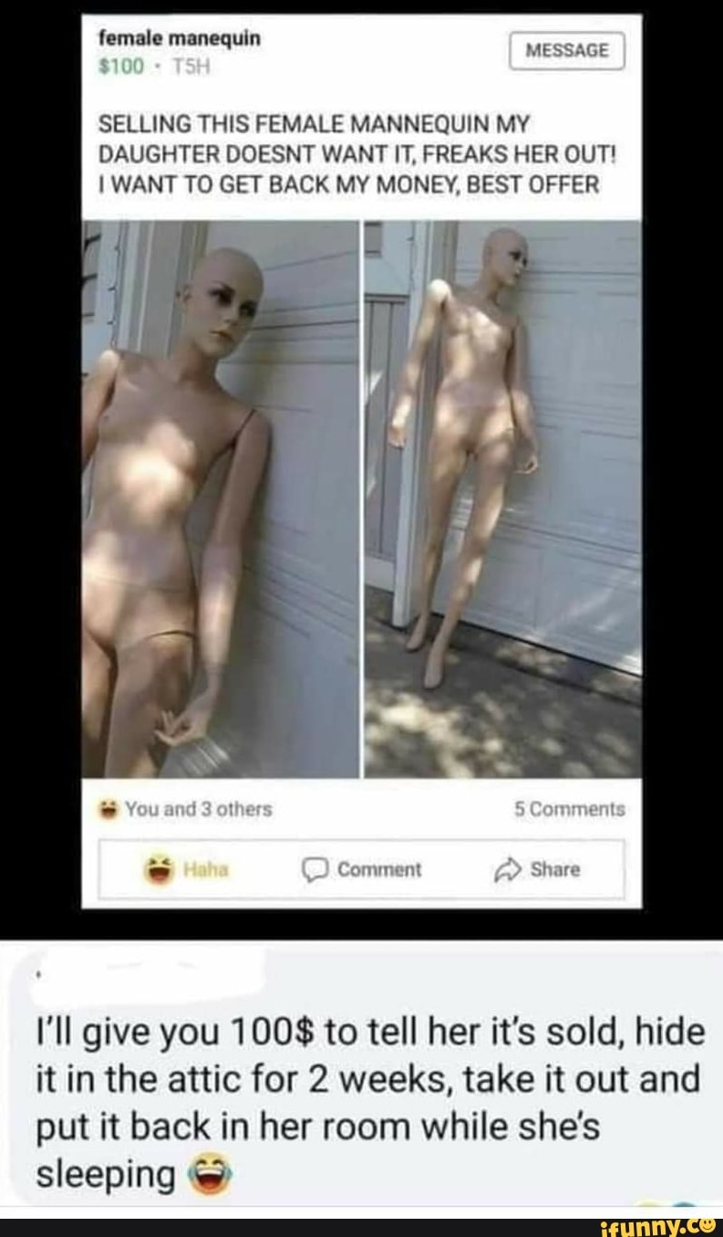 female manequin
SELLING THIS FEMALE MANNEQUIN MY
DAUGHTER DOESNT WANT IT, FREAKS HER OUT!
I WANT TO GET BACK MY MONEY, BEST OFFER
I'll give you 100$ to tell her it's sold, hide
it in the attic for 2 weeks, take it out and
put it back in her room while she's