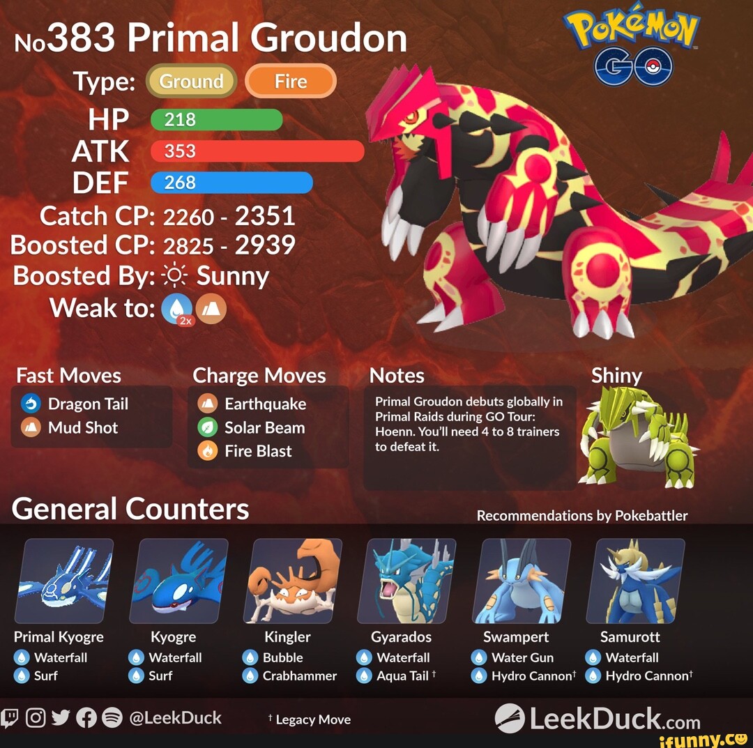 No383 Pri Groudon Type: Ground Fire Hp Atk Def Catch Cp: 2260 - 2351 