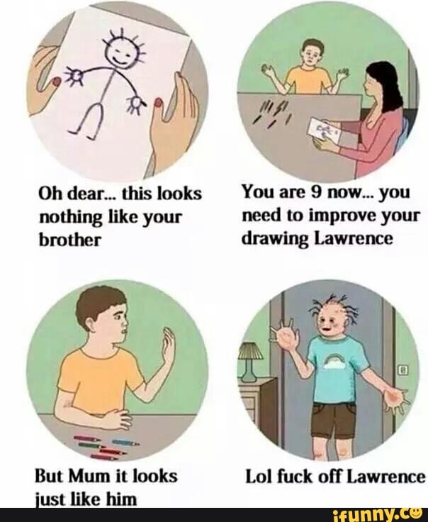 Oh dear... this looks You are 9 now... you nothing like your need to improve your brother drawing Lawrence
But Mum it looks Lol fuck off Lawrence just like him