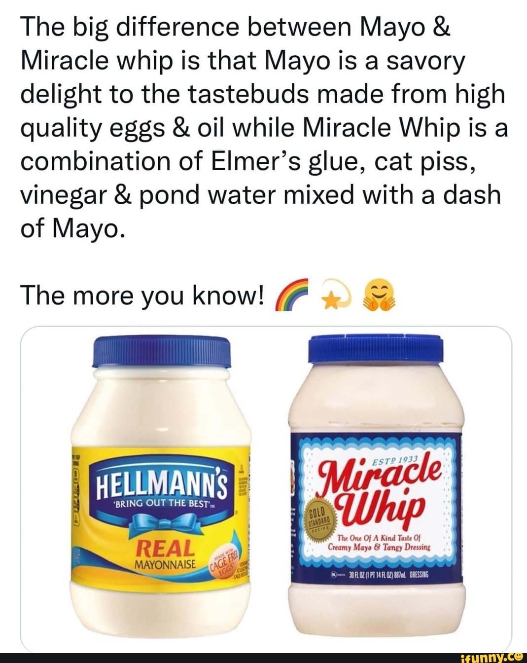 The big difference between Mayo & Miracle whip is that Mayo is a savory