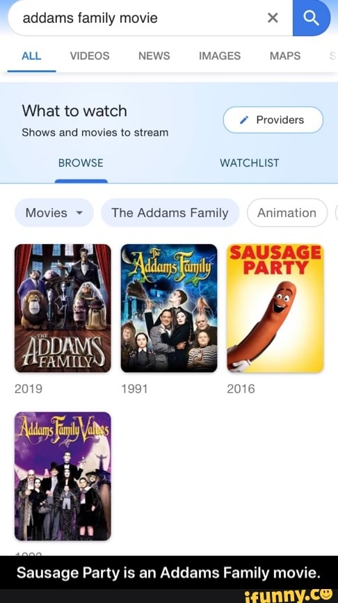 What to watch Providers
Shows and movies to stream
Movies The Addams Family Animation
Sausage Party is an Addams Family mov - Sausage Party is an Addams Family movie.