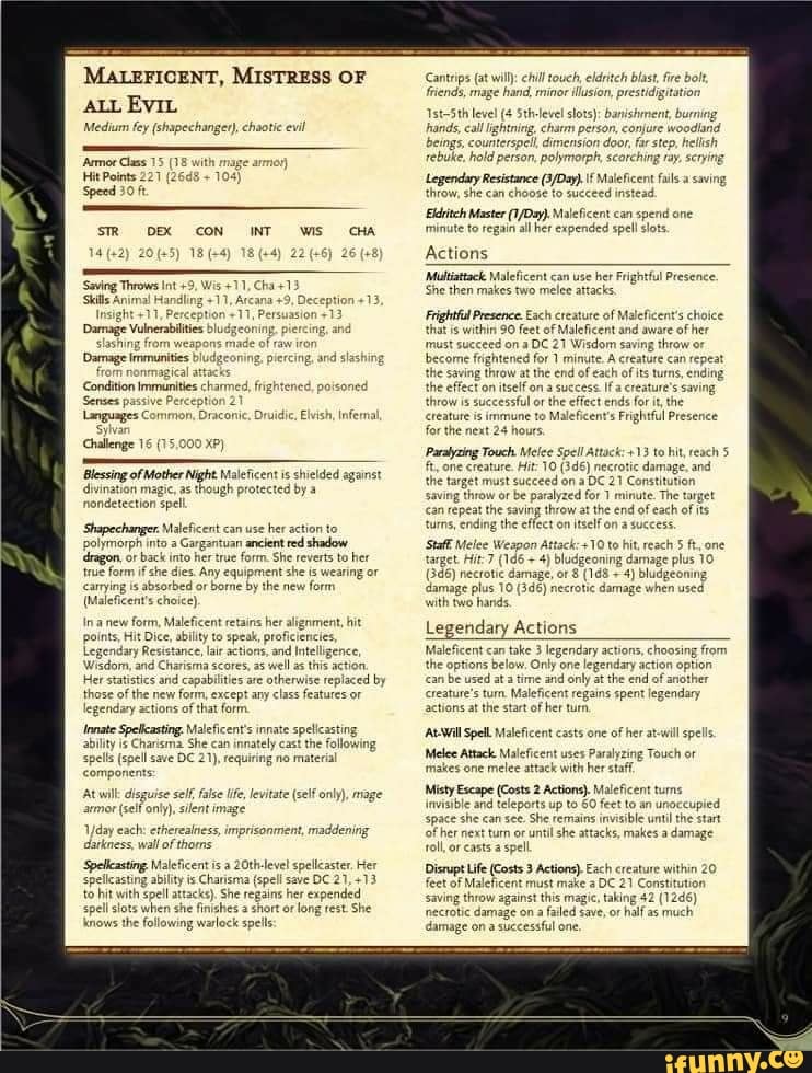MALEFICENT, MISTRESS OF ALL Evin Medium fey (shapechanget), chaotic evil 'Armor Class Hit Points