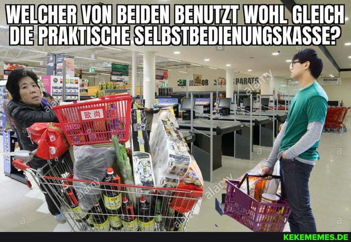 "WELCHER VON BEIDEN BENUTZT WOHL GLEICH.
DIE PRAKTISCHE.SELBSTBEDIENUNGSKASSE? _