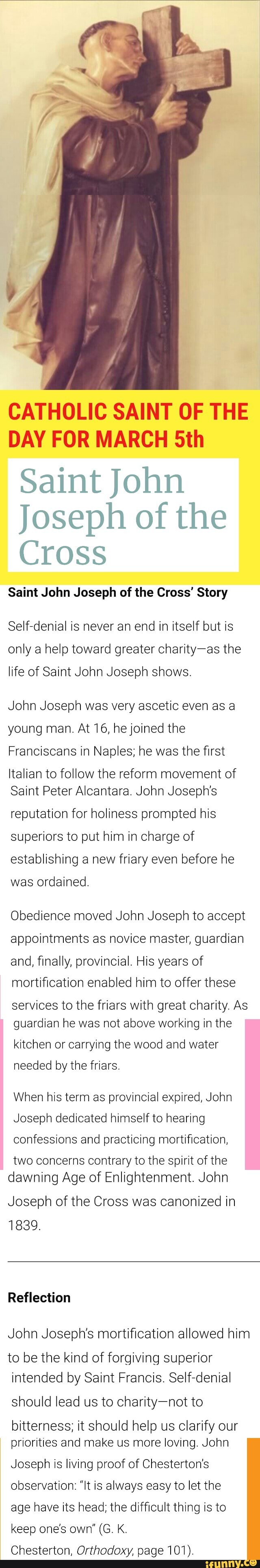 CATHOLIC SAINT OF THE DAY FOR MARCH Sth Saint John Joseph of the Cross