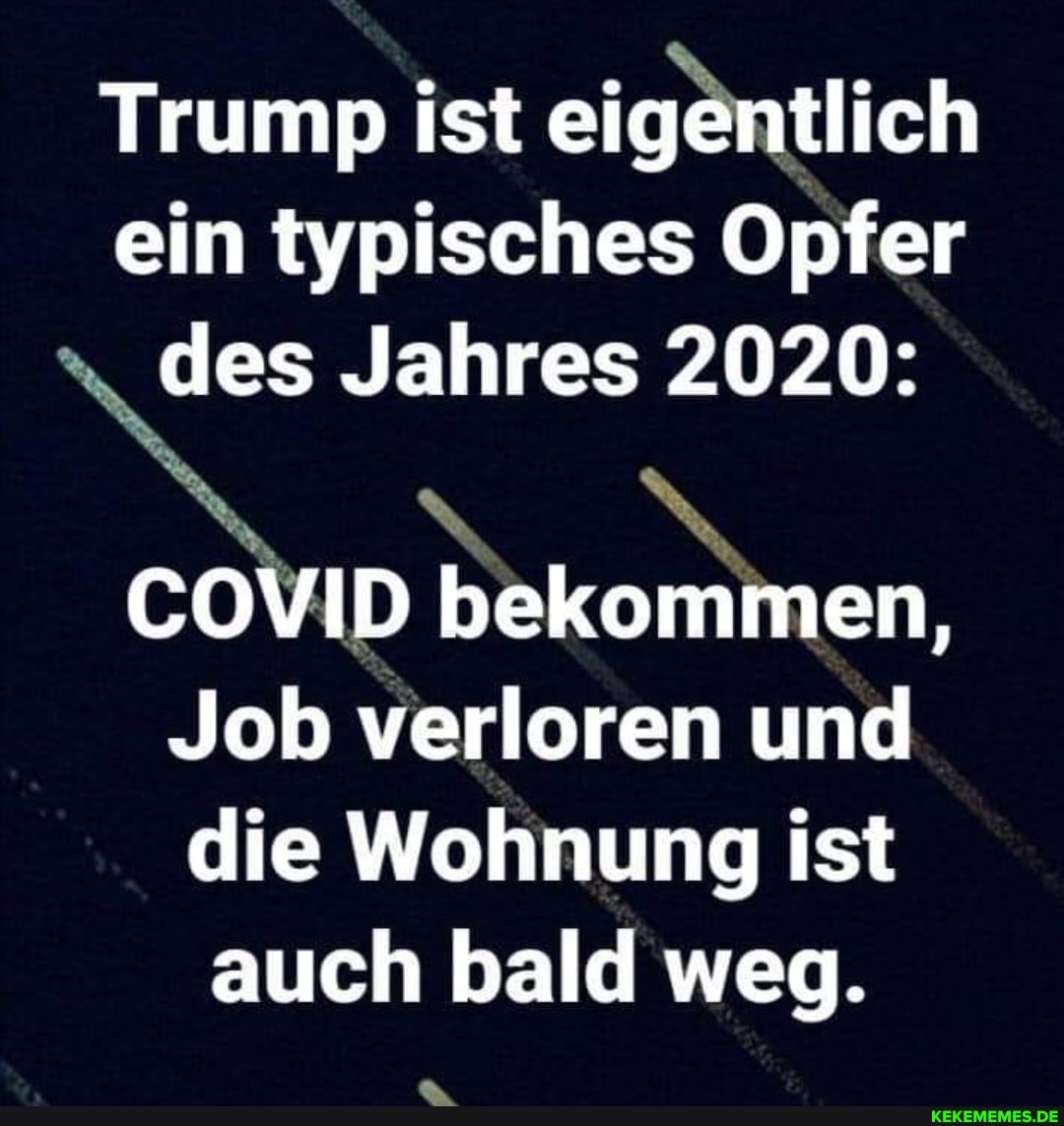Trump ist eigentlich ein typisches Opfer des Jahres 2020:
COVID bekommen,
Job verloren und die Wohnung ist
auch bald weg.