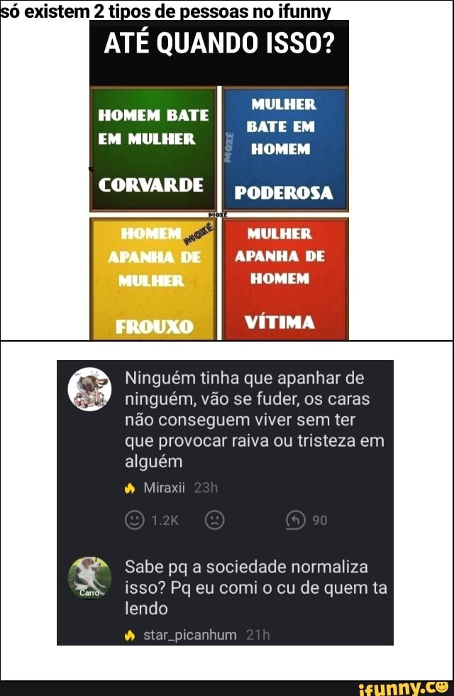 só existem tipos de pessoas no ifunn
ATÉ QUANDO ISSO?
MULHER BATE EM HOMEM
HOMEM BATE EM MULHER
CORVARDE I poDEROSA
MULHER APANHA DE HOMEM
FROUXO
VÍTIMA
Ninguém tinha que apanhar de ninguém, vão se fuder, os caras não conseguem viver sem ter que provocar raiva ou tristeza em alguém
Miraxii
Ou
Sabe pq a sociedade normaliza isso? Pq eu comi o cu de quem ta lendo
star. picanhum