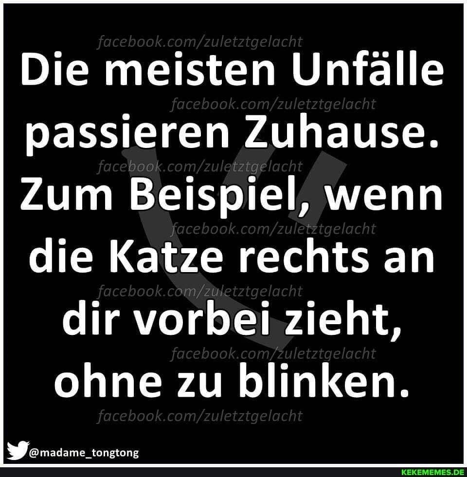 boo
Die meisten Unfälle zu etztgela passieren Zuhause.
zulg acht
Zum Beispiel, wenn erztgelacht die Katze rechts an dir vorbei zieht, ohne zu blinken.
eboo lacht
ame tongtong