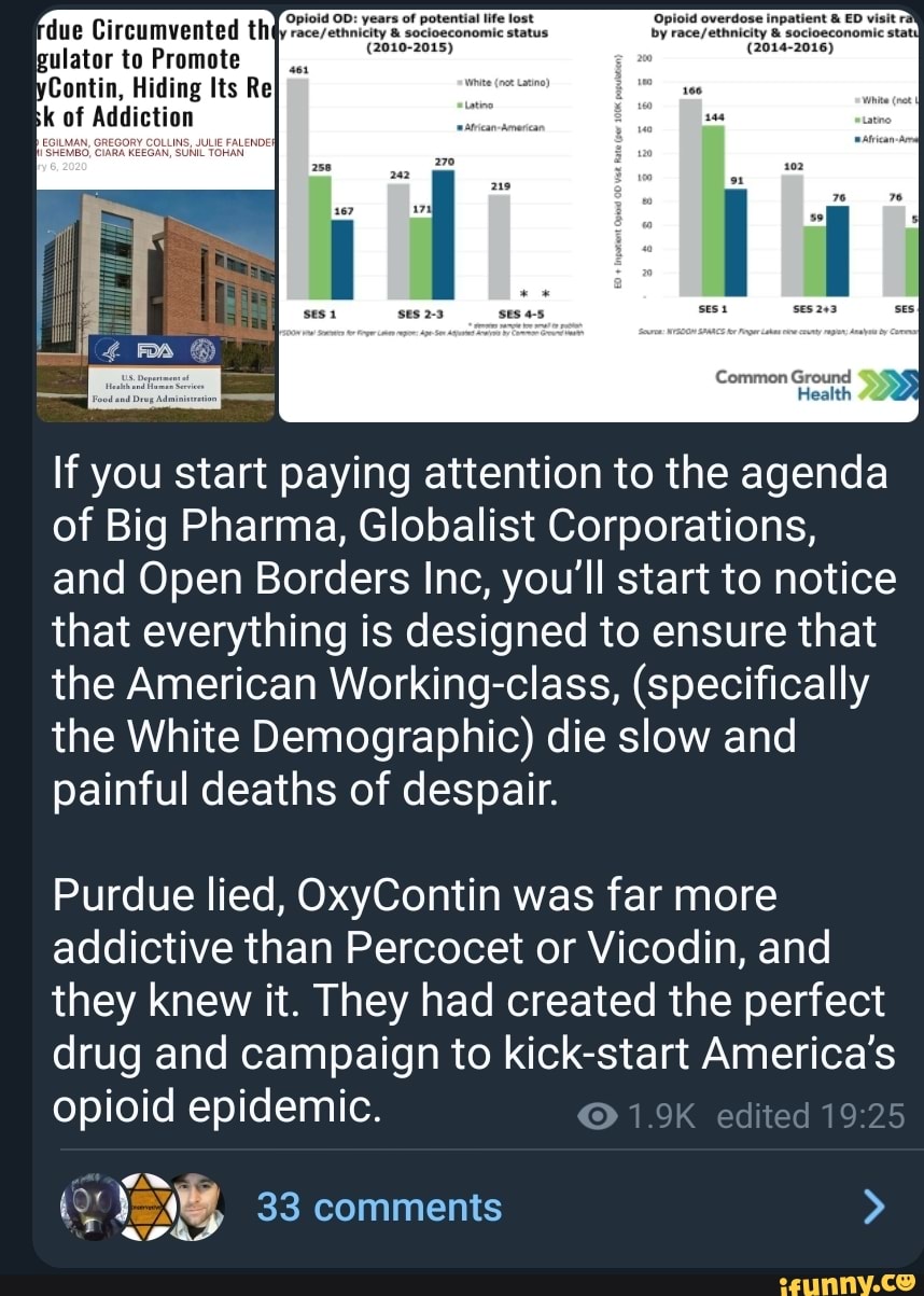 'due Circumvented th gulator to Promote
Contin, Hiding Its Re
k of Addiction
If you start paying attention to the agenda of Big Pharma, Globalist Corporations, and Open Borders Inc, you'll start to notice that everything is designed to ensure that the American Working-class, (specifically the White Demographic) die slow and painful deaths of despair.
Purdue lied, OxyContin was far more addictive than Percocet or Vicodin, and they knew it. They had created the perfect drug and campaign to kick-start America's
1.9K edited op ioid epidemic.
33 comments >