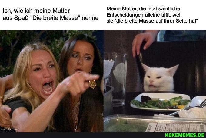 Ich, wie ich meine Mutter Meine Mutter, die jetzt sämtliche
Entscheidungen alleine trifft, weil aus Spaß "Die breite Masse" nenne
Entscheidungen alleine trifft, weil sie "die breite Masse auf ihrer Seite hat"