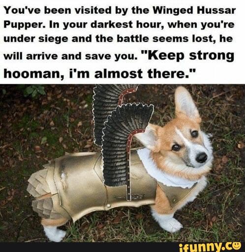You've been visited by the Winged Hussar
Pupper. In your darkest hour, when you're under siege and the battle seems lost, he
will arrive and save you. "Keep strong hooman, i'm almost there."