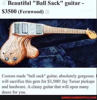 Beautiful "Ball Sack" guitar -
$3500 (Fernwood)
Custom made "ball sack" guit will sacrifice this
'will this gem for $3,500! Jay Turser pickups
assy guitar that will open many
will sacrifice this and hardy re. A.
and hardy