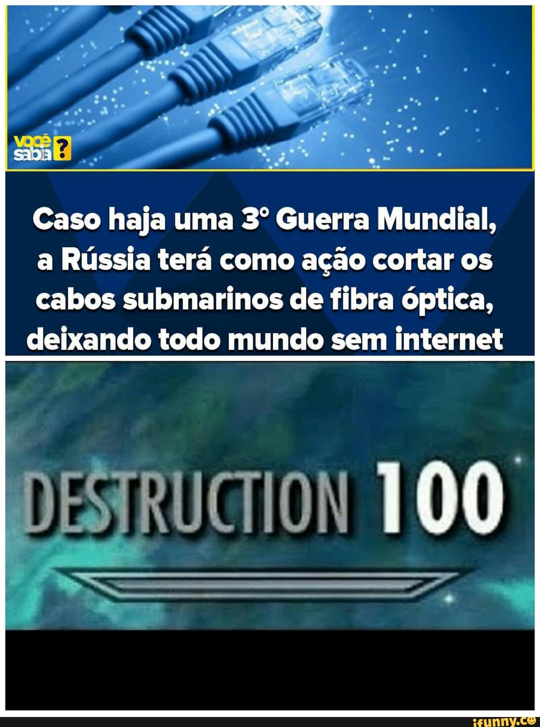 Caso haja uma 3º Guerra Mundial,
a Rússia terá como ação cortar os
cabos submarinos de fibra óptica,
deixando todo mundo sem internet