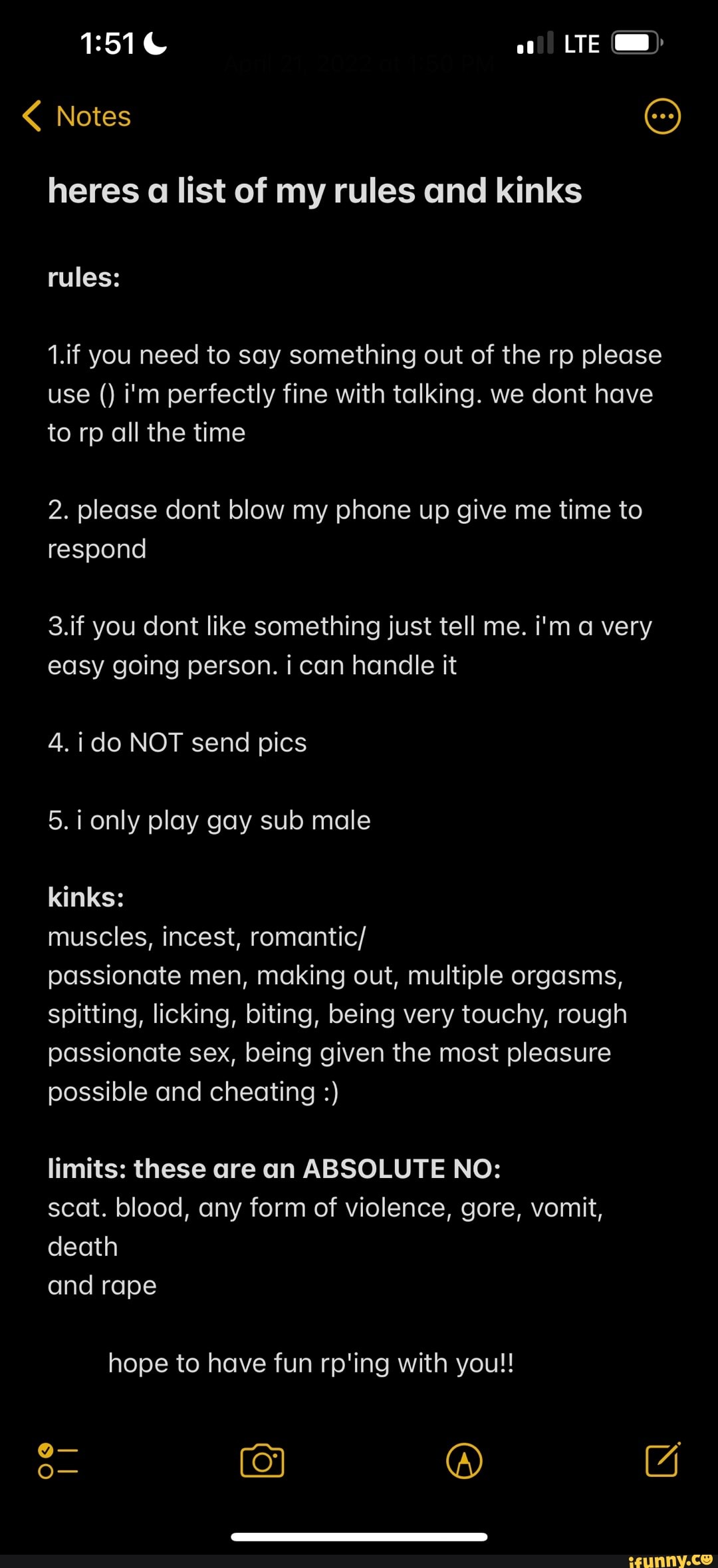 Notes Heres A List Of My Rules And Kinks Rules 1if You Need To Say Something Out Of The Rp