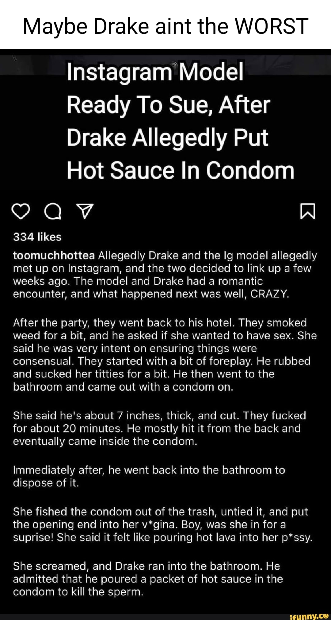 Maybe Drake aint the WORST Instagram Model Ready To Sue, After Drake  Allegedly Put Hot Sauce